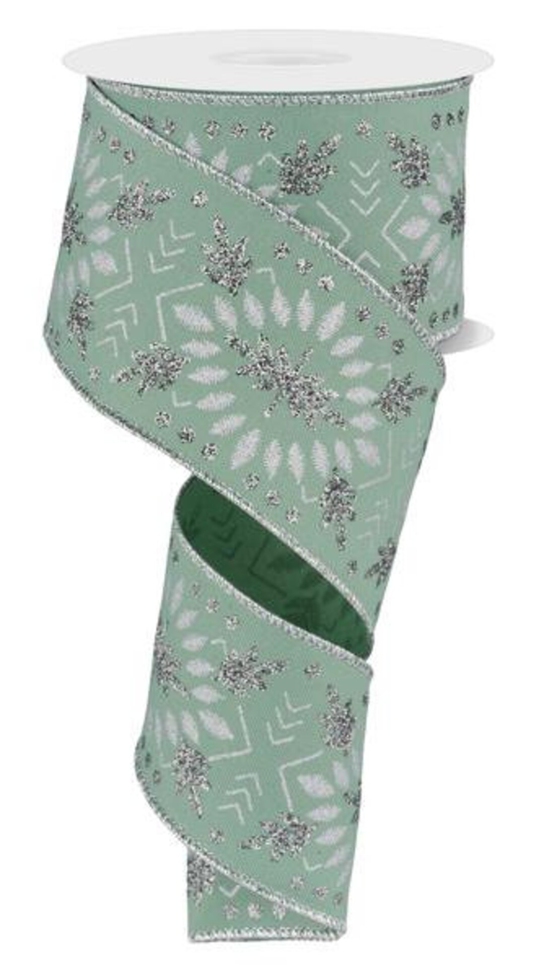 2.5 X 10yd Wired Ribbon-geometric Deco Diamonds-sage Green/silver ...
