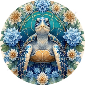 May include: A blue and gold mandala design with a sea turtle in the center. The turtle is surrounded by blue and white flowers.