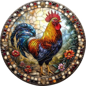 May include: A stained glass depiction of a rooster with a red comb and wattle, standing on a brown wooden surface. The rooster is surrounded by colorful flowers and leaves, all rendered in a mosaic style.