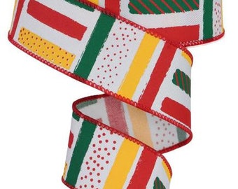 1.5" X 10Yd Wired Ribbon-Brush Stroke Stripes Ribbon-RGC13148R-Wht/Yllw/Grn/Red-Wreaths-Crafts