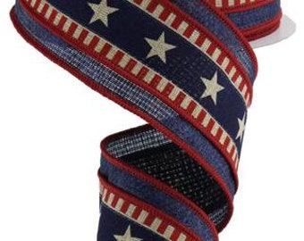 2.5" X 10Yd Wired Ribbon-Stars And Stripes Ryl/Cross-RG8744R2-Light Beige/Red/Blue-Supplies-Crafts-Seasonal