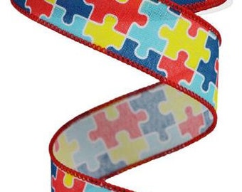 1.5" X 10Yd Wired-Puzzle Pieces On Royal-RGA1522W5-Seasonal-Awareness
