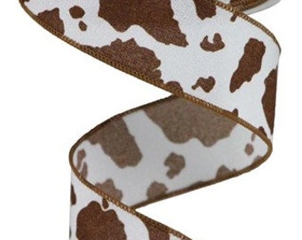 1.5" X 10Yd Wired Ribbon-Fuzzy Cow Print-White Brown-RGB137604-Supplies-Ribbon-Farm