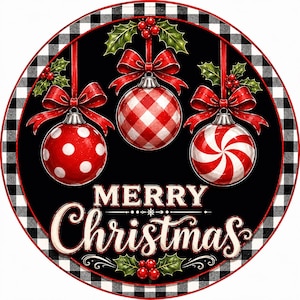 Merry Christmas Red White Ornaments Black White Checkered Border Wreath Sign