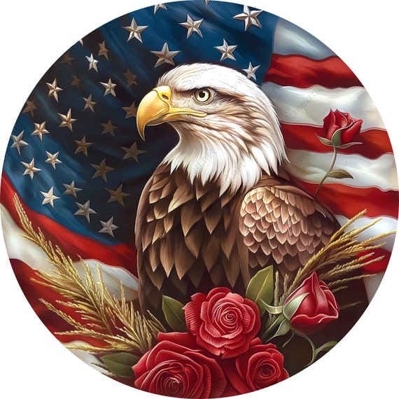 American Bald Eagle Flag Red Roses Wreath Sign-round-sublimation