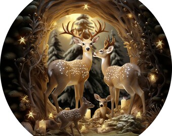 May include: A digital illustration of a family of deer in a winter forest scene. The deer have brown fur with white spots and large antlers. The scene is framed by a wooden archway with glowing stars and candles.