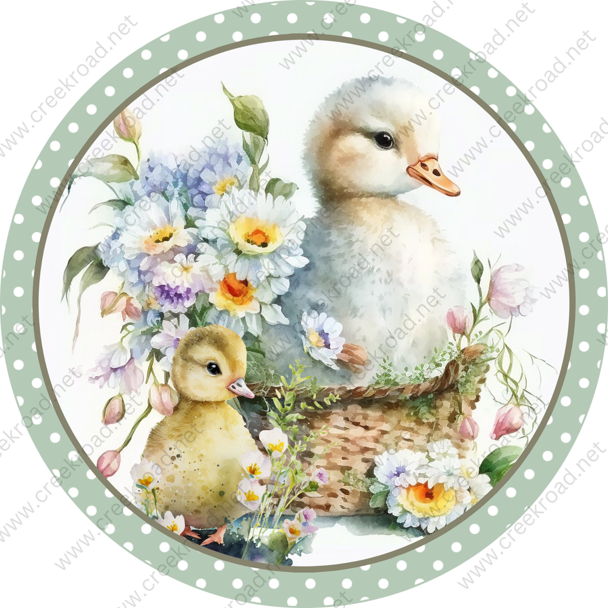 Momma and Baby Duck in Wicker Basket of Flowers Wreath Sign White Polka ...