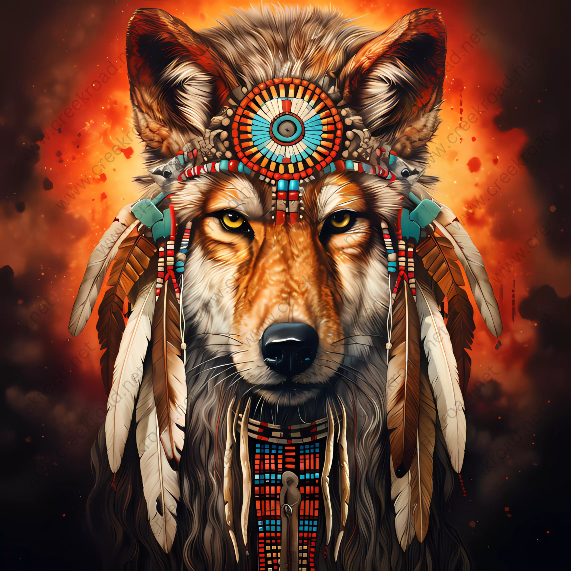 Wolf With Indian Headdress Wreath Sign-10