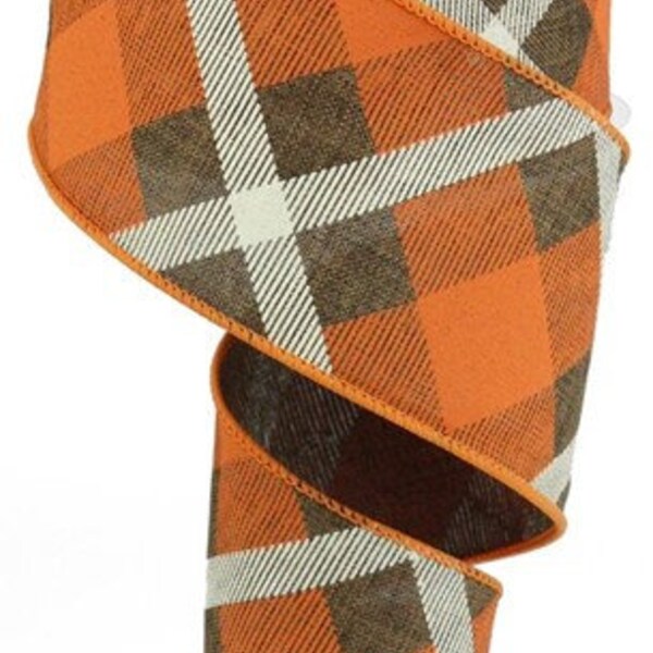 2.5" X 10Yd Wired Ribbon- Brown Orange Cream Printed Plaid On Royal-RG0168304-Fall