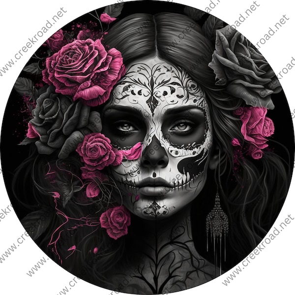 Beautiful Sugar Skull Girl with Pink Roses Wreath Sign-Halloween-Sublimation-Decor-Creek Road Designs