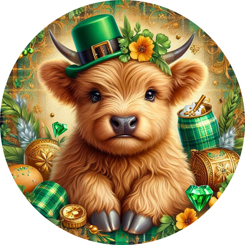 K&ouml;nnte beinhalten: Ein Highland-Kalb tr&auml;gt einen gr&uuml;nen Kleeblatt-Hut mit einer goldenen Schnalle und eine Blumenkrone. Das Kalb ist umgeben von gr&uuml;nen Kleeblatt-Dekorationen und goldenen Akzenten.