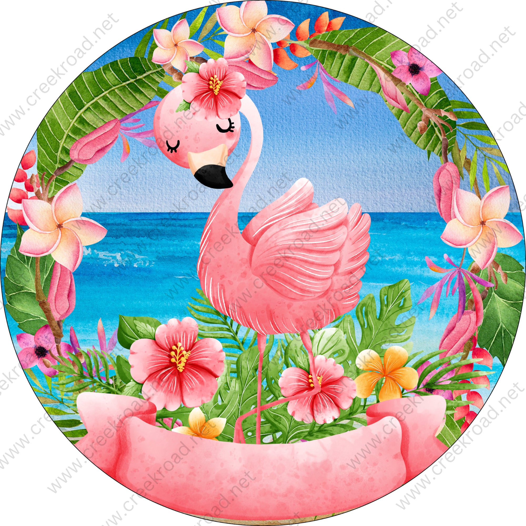 Pink Flamingo With Tropical Florals Surrounding the Ocean Wreath