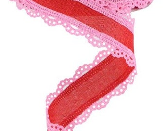 1.5" X 10Yd Wired Ribbon-Red Pink Scalloped Edge Royal Burlap-RGA15418F-Wreaths-Crafts-Decor-Valentines