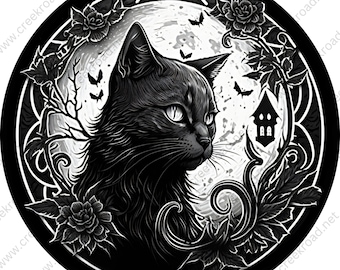 Halloween Black Cat with Black Rose Border Wreath Sign-Halloween-Sublimation-Decor