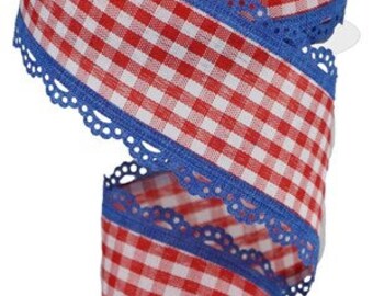 2.5" X 10Yd Wired Scalloped Edge Gingham Ribbon-Ribbon-RGA1544A1-Red/White W/Blue-Wreaths-Crafts-Decor