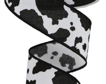 1.5" X 10Yd Wired Ribbon-Fuzzy Cow Print Ribbon White/Black-RGB137602-Everyday