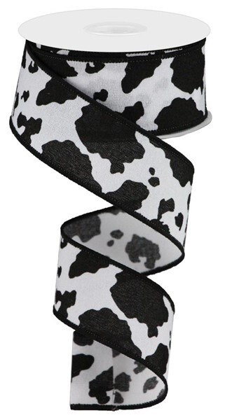 1.5 X 10Yd Wired Ribbon-Fuzzy Cow Print Ribbon  White/Black-RGB137602-Everyday