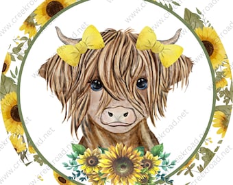 Highland Cow Spring Sunflowers Yellow Bows Wreath Sign - Sublimation - Spring - Metal Sign