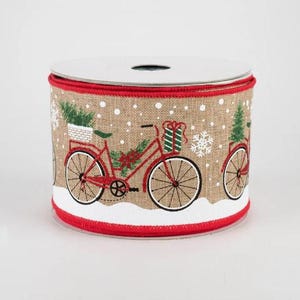May include: Red and green Christmas ribbon with a burlap background and a white snow-covered border. The ribbon features a repeating pattern of bicycles with Christmas trees and presents.