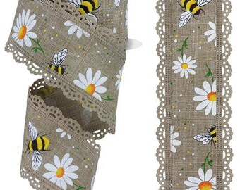 2.5" X 10Yd Wired Ribbon-Bumble Bee Daisy Lace Ribbon-RGA846201-Beige White Yellow Green Orange Black-Wreaths-Crafts-Decor