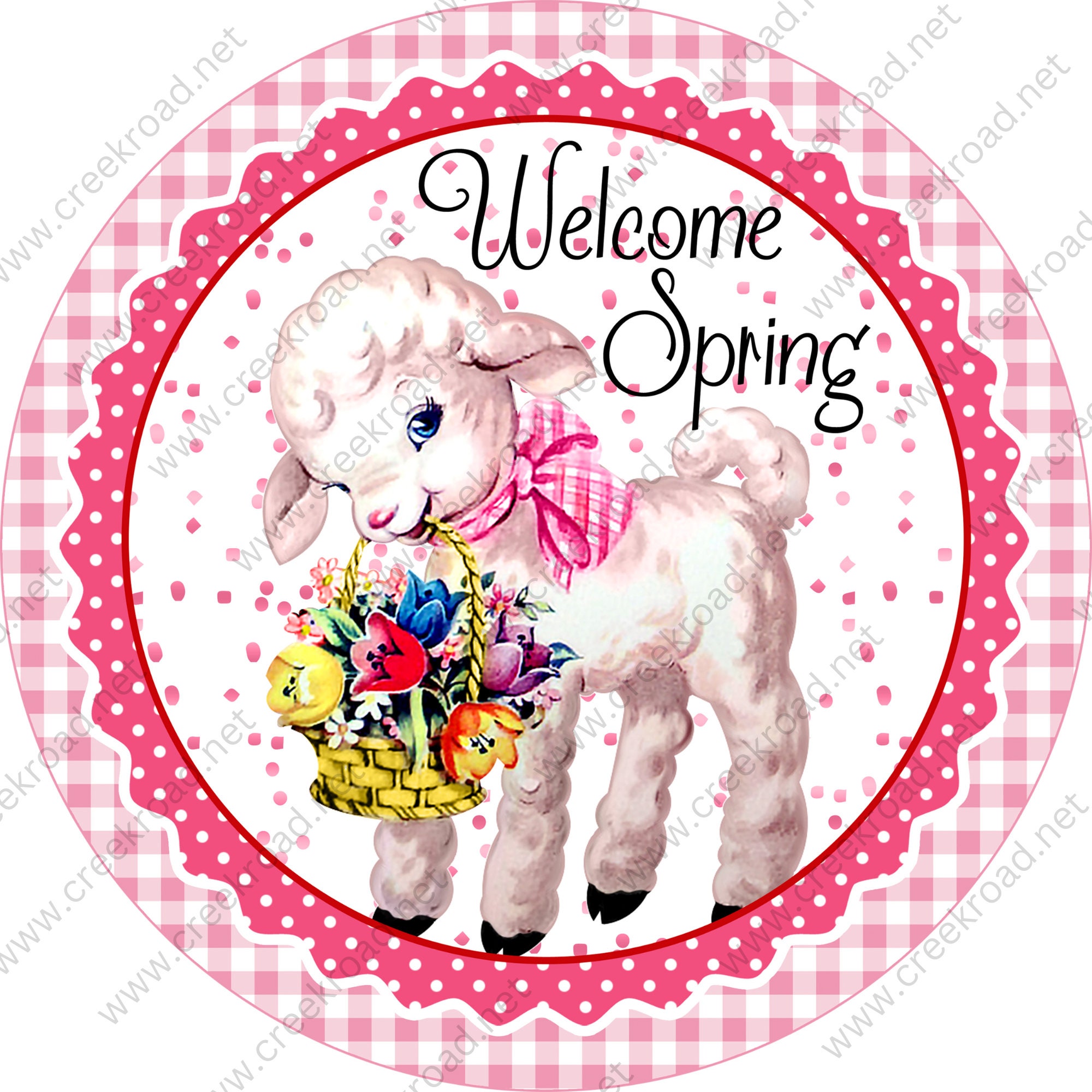 Welcome Spring Lamb Pink Bow Floral Basket in Mouth Pink White Gingham ...