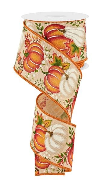2.5" X 10Yd Wired Ribbon-Pumpkin/Gourd/Leaves-Tan/Orng/Moss-RGE1987F2
