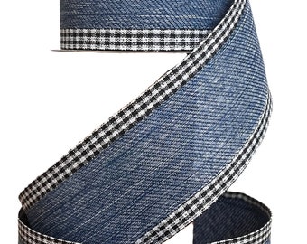 2.5" X 10Yd Wired Ribbon-Blue Jean Gingham Edge-RGA110141-Wreaths-Crafts-Decor-Everyday