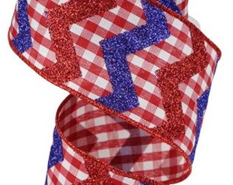 2.5" X 10Yd Wired Ribbon-Glitter Chevron/Gingham Ribbon-RGC124024-Red/White/Blue-Wreaths-Crafts