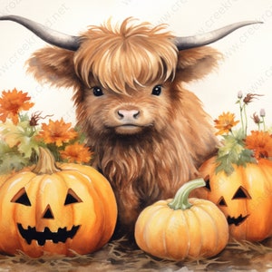 May include: A brown and white Highland cow with long, shaggy hair sits in front of three pumpkins. Two of the pumpkins are carved with jack-o'-lantern faces. The pumpkins are surrounded by fall foliage.