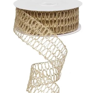 May include: A roll of natural-colored burlap ribbon with an open weave design. The ribbon is on a white spool, and a length of the ribbon is unrolled, showing the textured pattern. The ribbon is suitable for crafts and decorations.