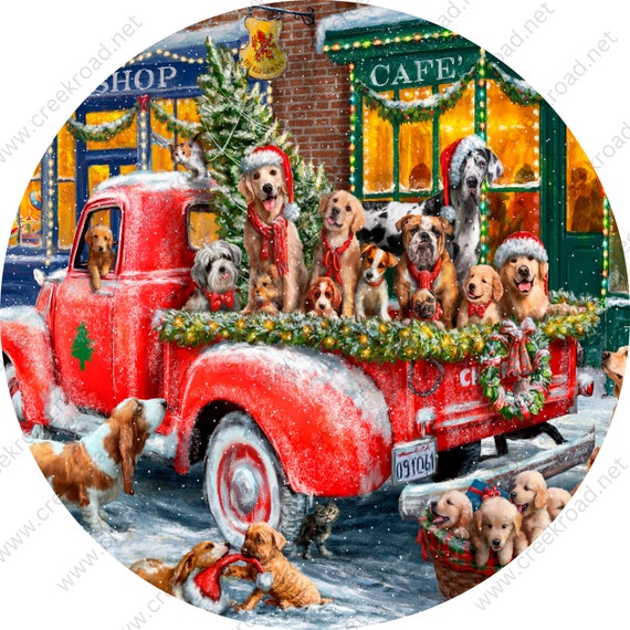 Classic Red Chevy Truck Full of Dogs Wreath Sign-sublimation-round