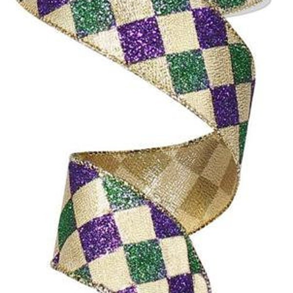 1.5" X 10Yd Wired Ribbon-Glitter Diamond Check Ribbon-RG1929WY-Wreaths-Crafts-Decor-Diamonds Green Purple Gold