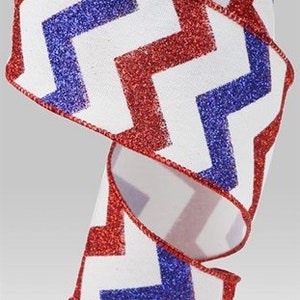 2.5&quot; X 10Yd Wired Glitter Chevron On Faux Royal Ribbon-RGC12367J-White/Red/Blue-Wreaths-Crafting-Supplies