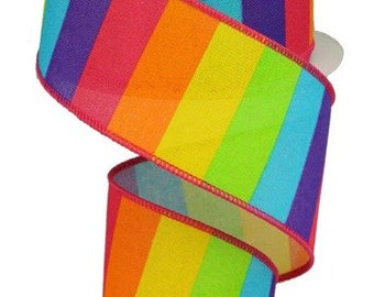2.5" X 10Yd Wired Ribbon-Horizontal Rainbow On Royal Ribbon-RGA10193J-Ht Pnk/Orng/Yllw/Lme/Turq-Wreaths-Crafts