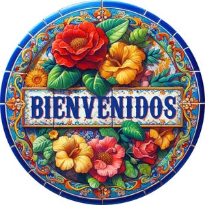May include: A round, blue and white tiled sign with a floral design and the word "BIENVENIDOS" in blue lettering.
