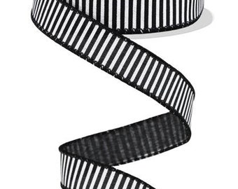 7/8" X 10Yd Wired Ribbon-Black/White Horizontal Stripes/Royal-RG778002-Wreaths-Crafts-Ribbon-Everyday