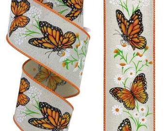 2.5" X 10Yd Wired Ribbon-Monarch Butterfly W/Daisies-RGE1514C2-Crm/Dk Org/Ylw/Grn/Wht-Wreaths-Crafts-Decor