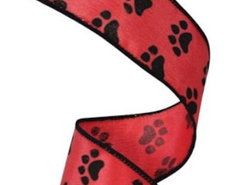 1.5" X 10Yd Wired Ribbon-Red Paw Print Ribbon-RG1778CM-Red/Black-Wreaths-Crafts