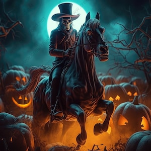May include: A skeletal figure wearing a top hat and riding a black horse through a field of glowing jack-o'-lanterns. The scene is set against a dark, moonlit sky.