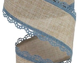 2.5" X 10Yd Wired Ribbon-Faded Denim Scalloped Edge Royal Burlap-RGA1542NT-Fall