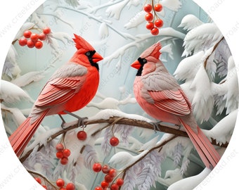 Red Cardinals in Christmas Snow Wreath Sign-Sublimation-Round-Christmas-Decor