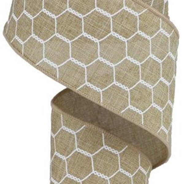 2.5" X 10Yd Wired Ribbon-Light Beige Chicken Wire On Royal-RGA1086CJ-Wreaths-Crafts-Decor-Everyday