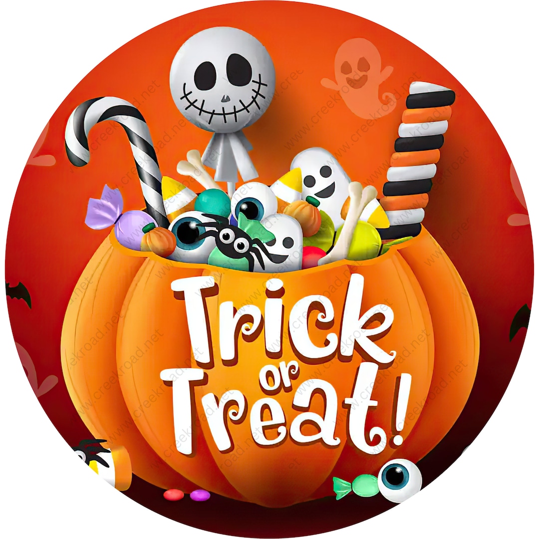Smiling Skeleton With Candy Filled Pumpkin Bucket Wreath Sign-halloween ...