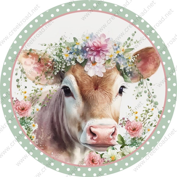 Brown Farm Cow with Crown Pink Flowers Wreath Sign White Polka Dot Border-Round-Farm-Everyday-Spring-Sublimation-Attachment-Decor