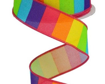 1.5" X 10Yd Wired Ribbon-Horizontal Rainbow On Royal Ribbon-RGA10183J-Ht Pnk/Orng/Yllw/Lme/Turq-Wreaths-Crafts