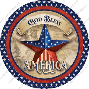 May include: A red, white, and blue star with a vintage American flag design. The star is surrounded by a circle of stars and the words "God Bless America".