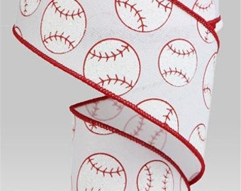 2.5" X 10Yd Wired Ribbon- Glitter Baseball On Royal Ribbon-RGA117127-White/Red-Wreaths-Crafts-Decor