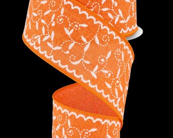 2.5" X 10Yd Wired Ribbon-Bright Orange/White Stitch Mini Leaf/Ryl-RGF1168GM-Wreaths-Crafts-Ribbon