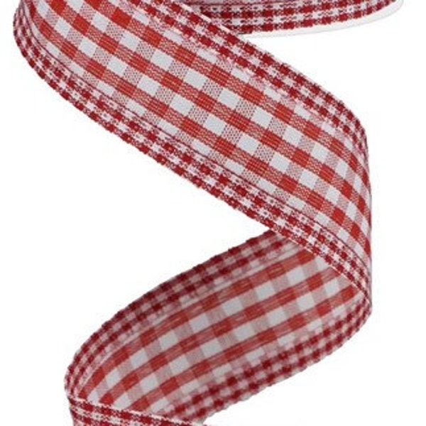 1.5" X 10Yd Wired Ribbon-Gingham Check/Edge Ribbon-RGA1715W7-Red/White-Wreaths-Crafts