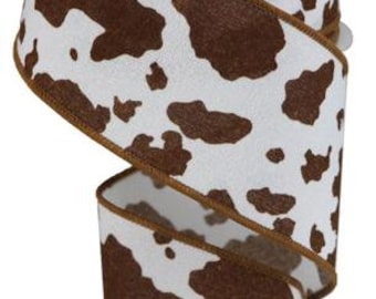 2.5&quot; X 10Yd Wired Ribbon-White Brown Cowhide Print-RGB137704-Farm-Everyday